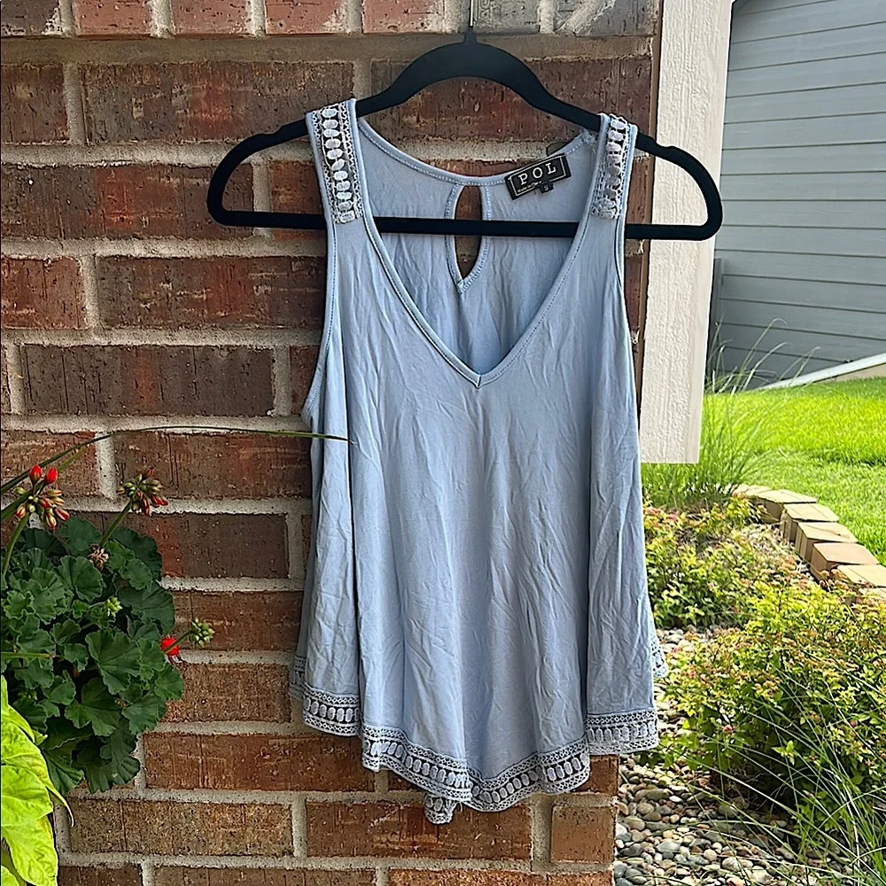 POL Ladies S Oversized Embellished Blue Gray Tank Top